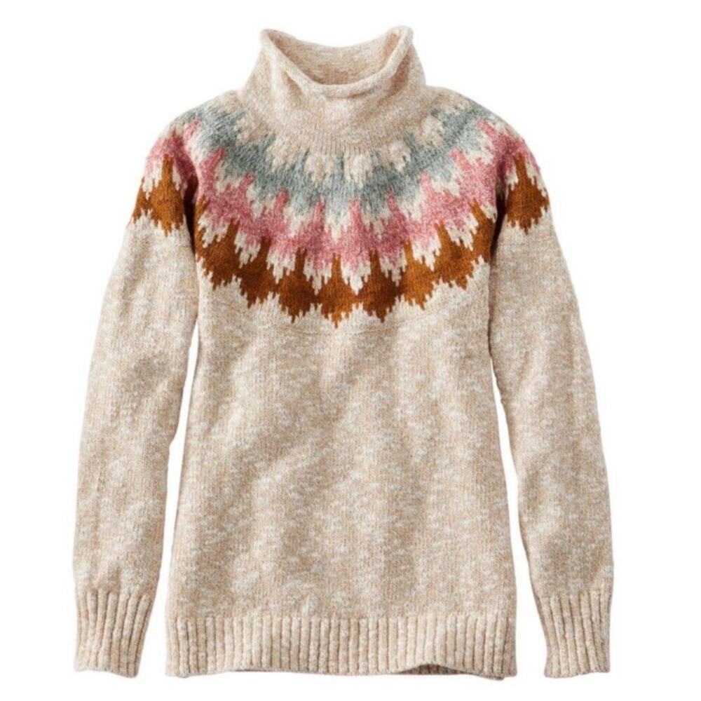 L.L. Bean Fair Isle Cotton Ragg Mockneck Pullover Sweater Size Small